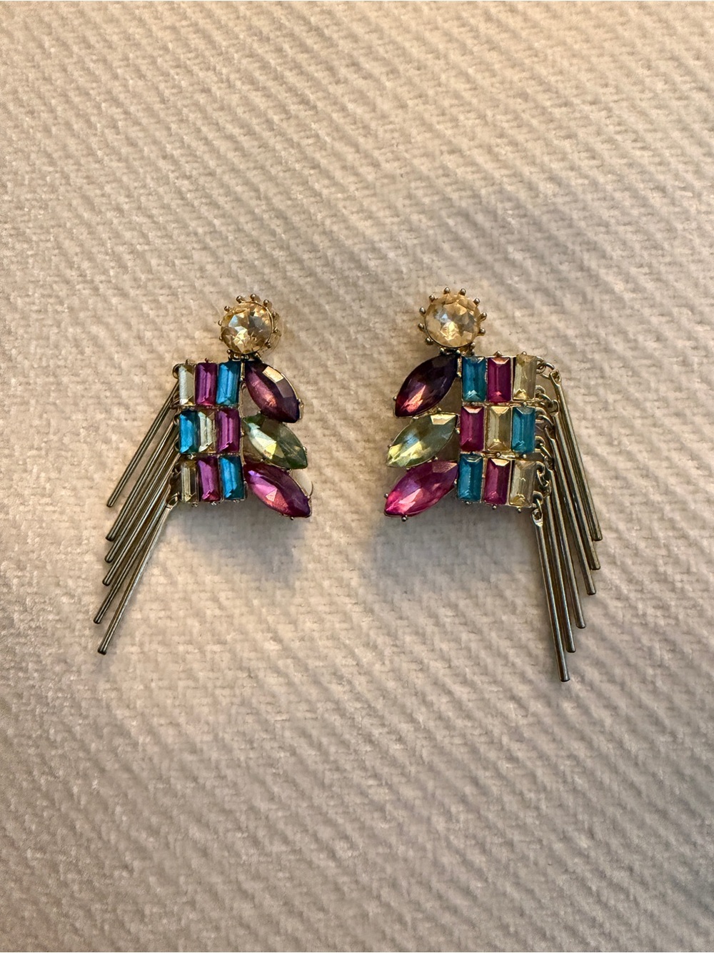 Colorful Crystal Fringe Statement Earrings - Gold Tone w/ Clip On Option